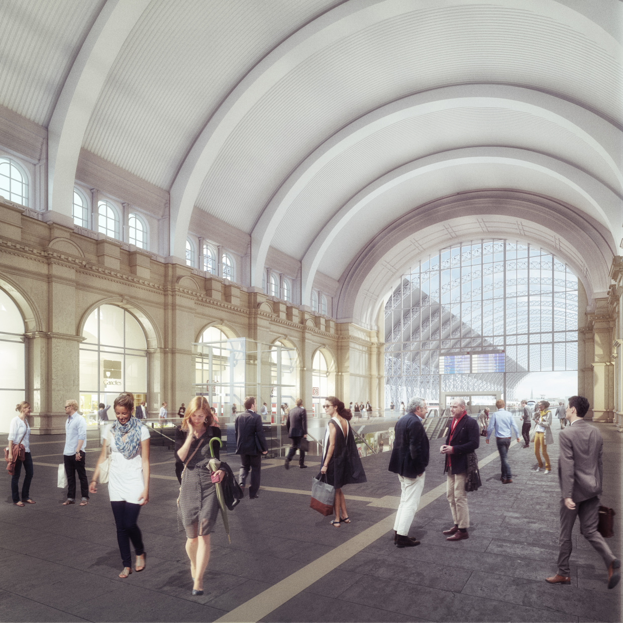 Visualisierung: Neugestaltete Empfangshalle Frankfurt am Main Hauptbahnhof mit Blickrichtung zum Querbahnsteig. © Deutsche Bahn AG