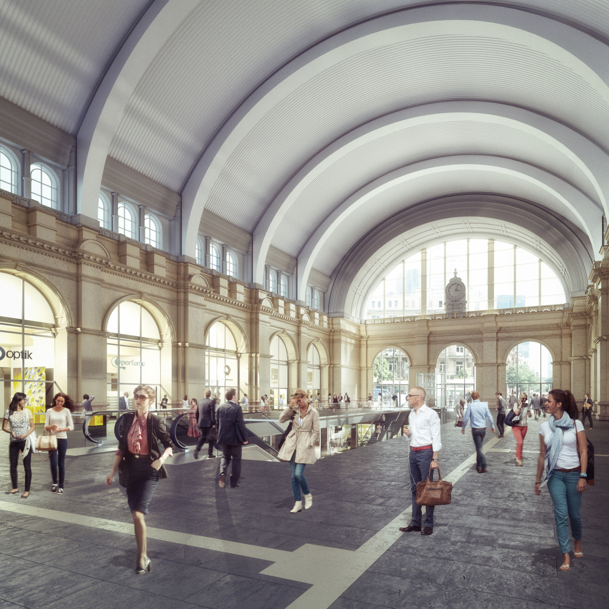 Visualisierung: Neugestaltete Empfangshalle Frankfurt am Main Hauptbahnhof mit Blickrichtung zur Stadt Frankfurt am Main. © Deutsche Bahn AG